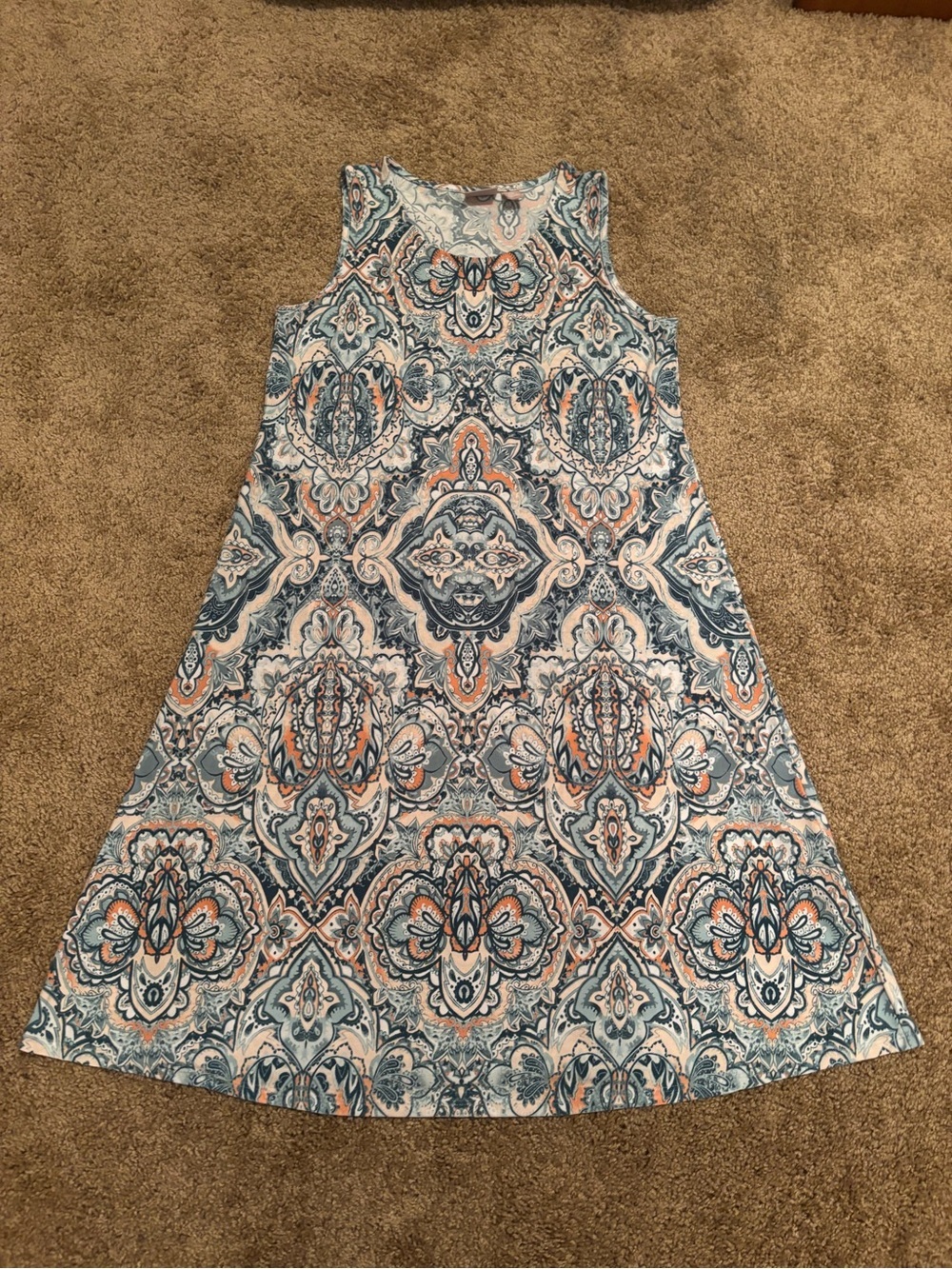 ☘️Chico's Sleeveless A-Line Dress in Blue and Peach Medallion Print Size 0 Small